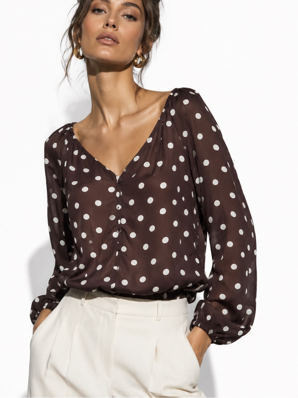 VERSONA Semi-Sheer Brown & White Polka Dot V-Neck Long Sleeve Blouse Top